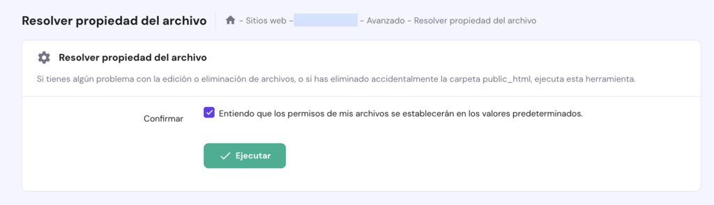 Sección de Resolver propiedad del archivo de hPanel